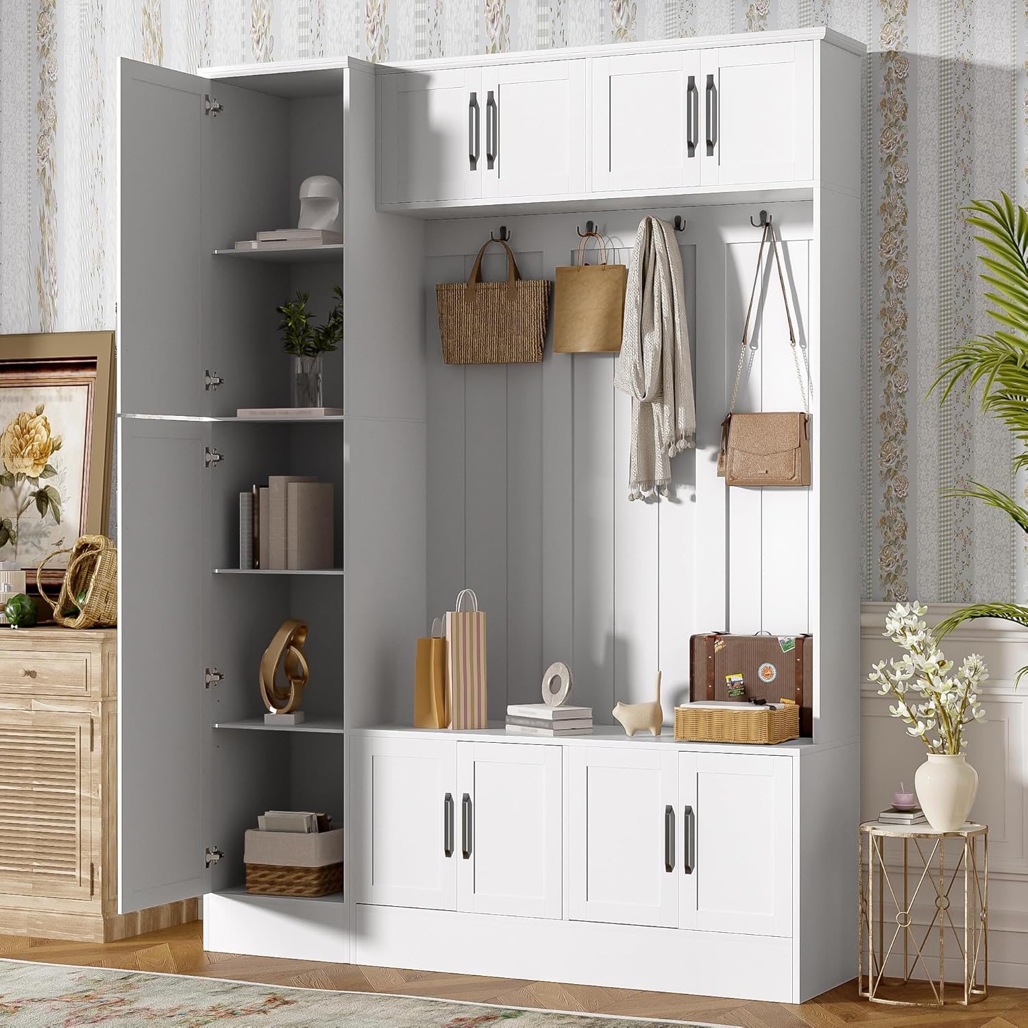 Merax Farmhouse Wood Hall Tree with Shoe Bench & 6 Cabinets, 4-in-1 Coat Rack with 4 Hooks & Adjustable Shelves, Entryway Storage Organizer Cabinet for Entrance, Hallway, Mudroom White