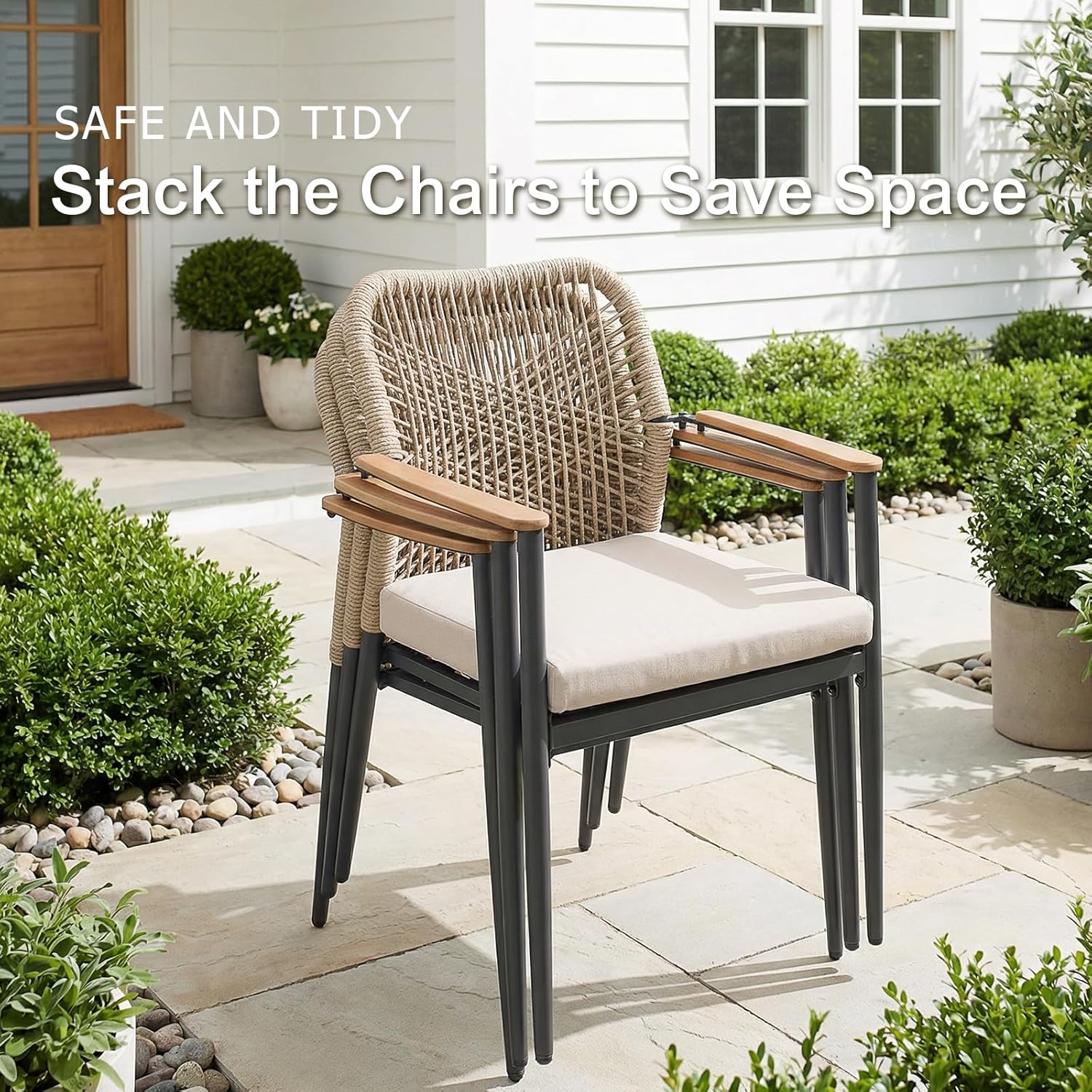 SUNSITT Patio Dining Chair Set of 4, Woven Wicker Outdoor Dining Chairs with Cushions & Faux Wood Grain Armrest Top, 4-Piece Stackable Bistro Chairs for Garden Backyard Porch