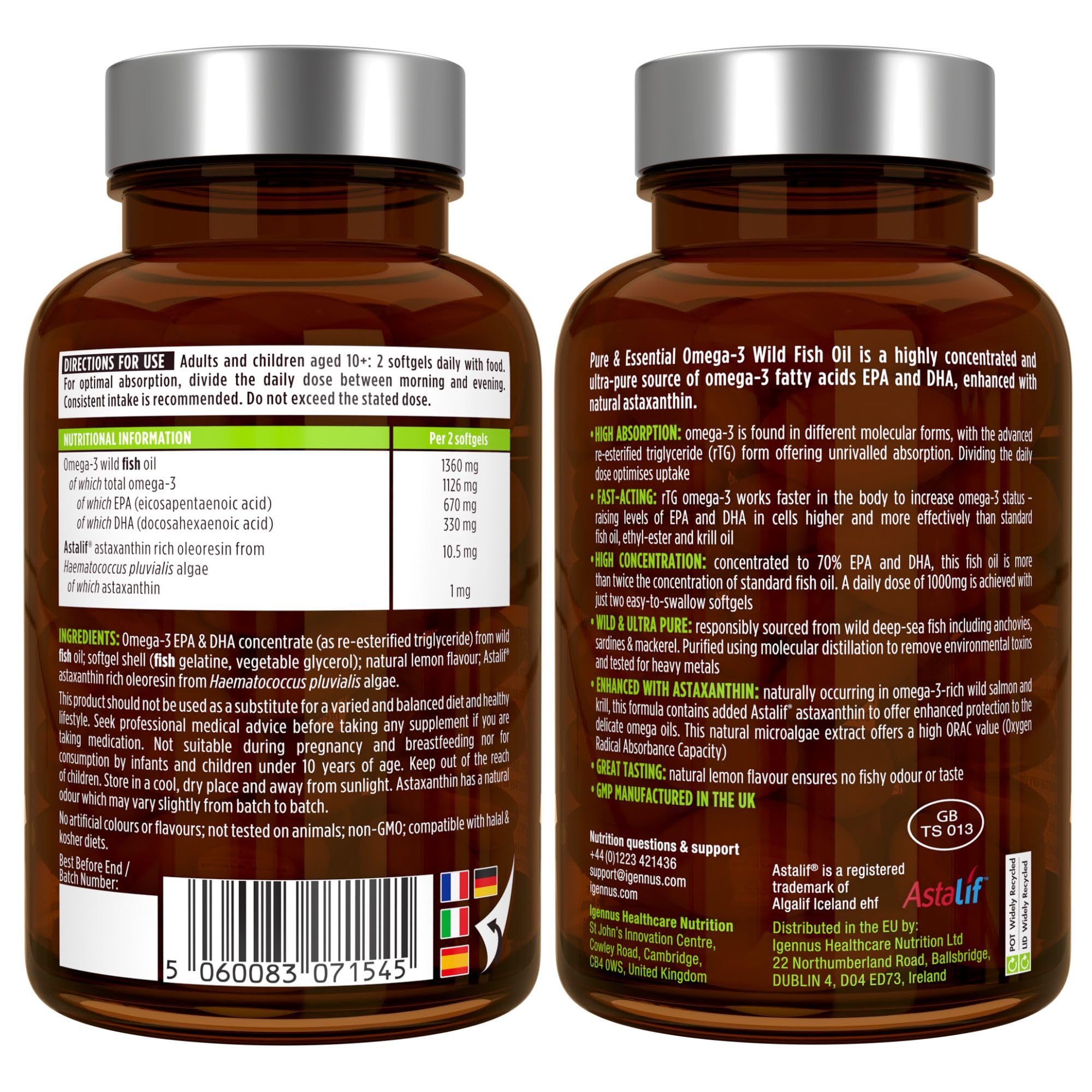 Igennus Omega-3 Huile de poisson sauvage et astaxanthine, certifié IFOS | Triglycérides rTG de qualité supérieure, acides gras oméga-3 EPA et DHA 1000mg, 180 capsules
