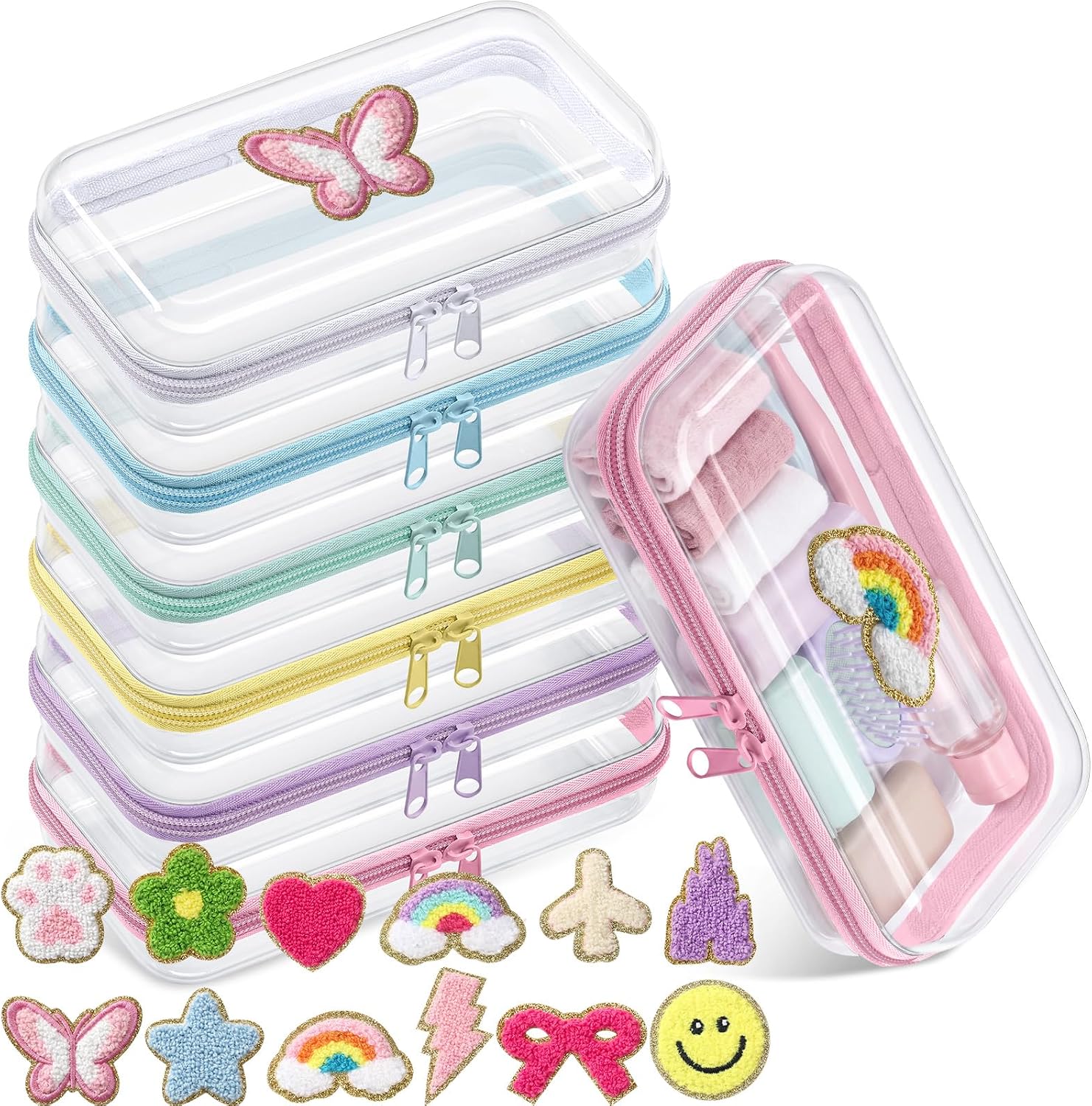 Ceenna 6 Pcs Clear Hard Shell Zipper Cases with 12 Pcs Chenille Patches