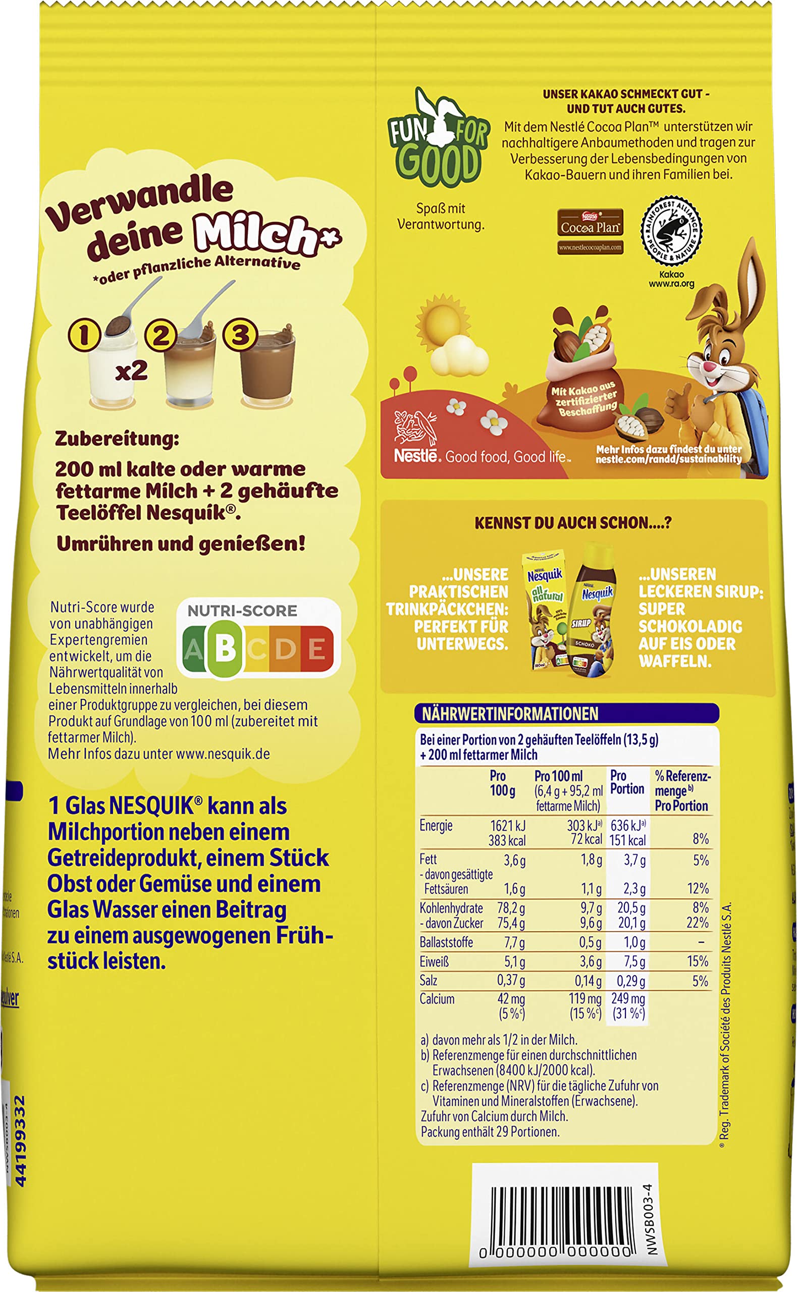 Nescafé Nestlé NESQUIK, kakaohaltiges Getränkepulver zum Einrühren in Milch, 14er Pack (14x400g)