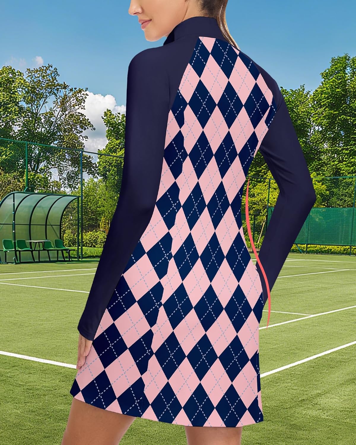 WOWENY Golf Dresses for Women Long Sleeve 1/4 Zip Tennis Dress with Shorts and Pockets UPF 50+ Workout Athletic Dress