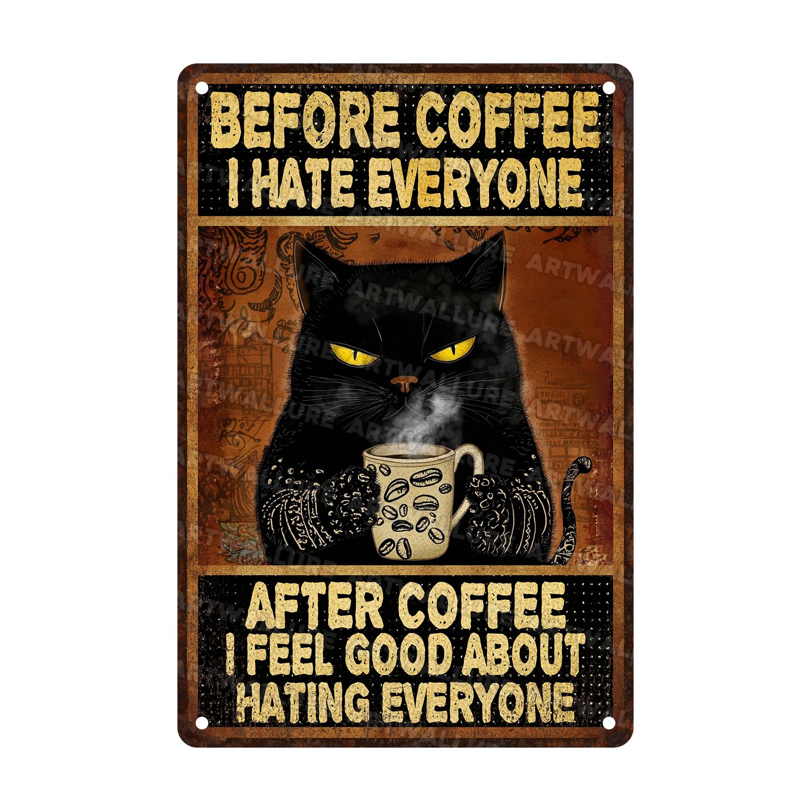 Funny Black Cat Coffee Sign Before Coffee I Hate Everyone Metal Signs for Kitchen Bar 8x12inch