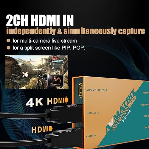 Miniatura 2 de AVMATRIX Tarjeta de captura de juegos 4K60 Pass-Through 1080p60 captura sin comprimir para transmisión de juegos en OBS, Vmix. Latencia ultra cero