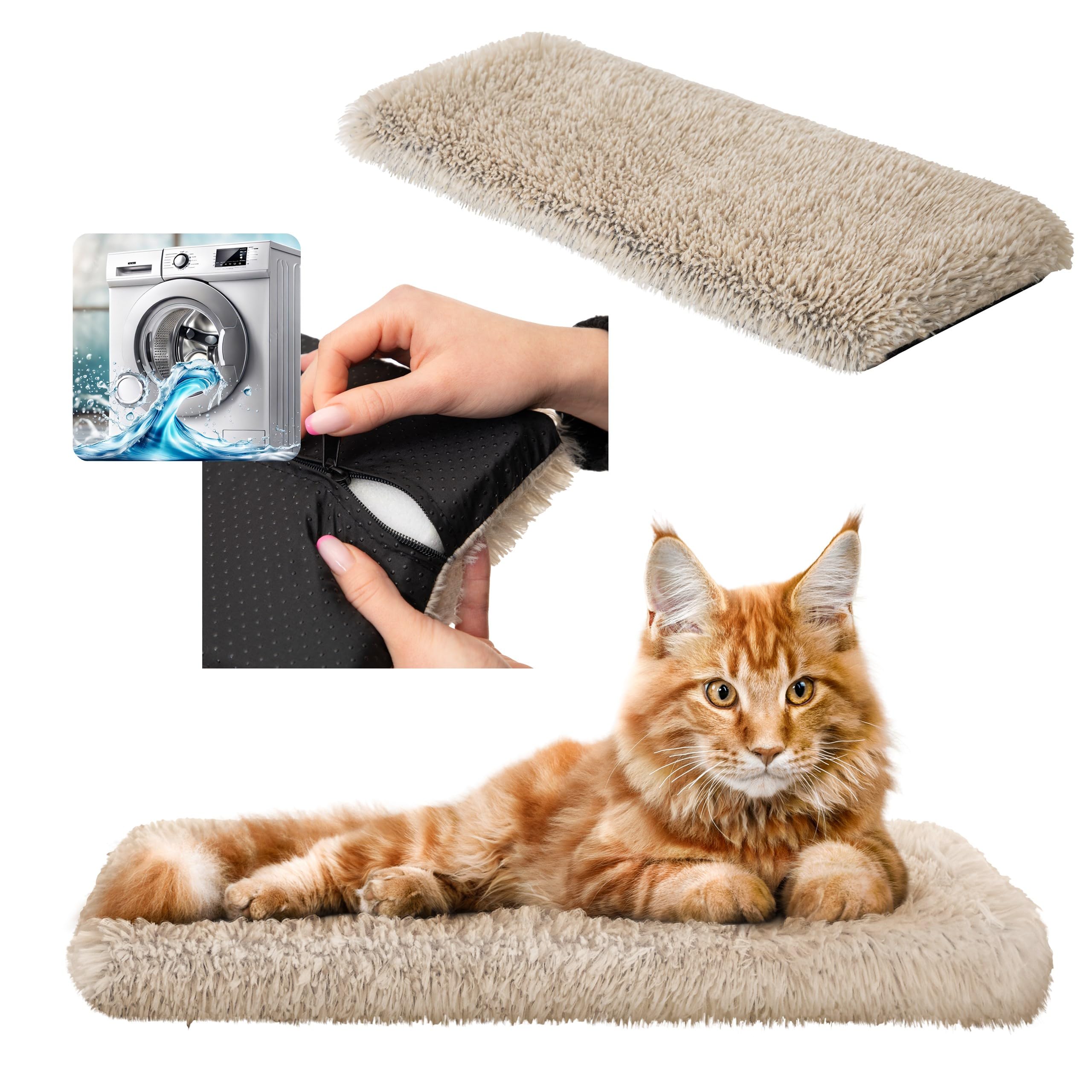 Katzen Fensterliege Fensterbank rutschfest - Katzenbett Fensterbank 60x20 cm - Weich & Kuschelig - Fensterliege für Katzen Selbstheizende Katzendecke - Waschbarer Bezug (Beige)