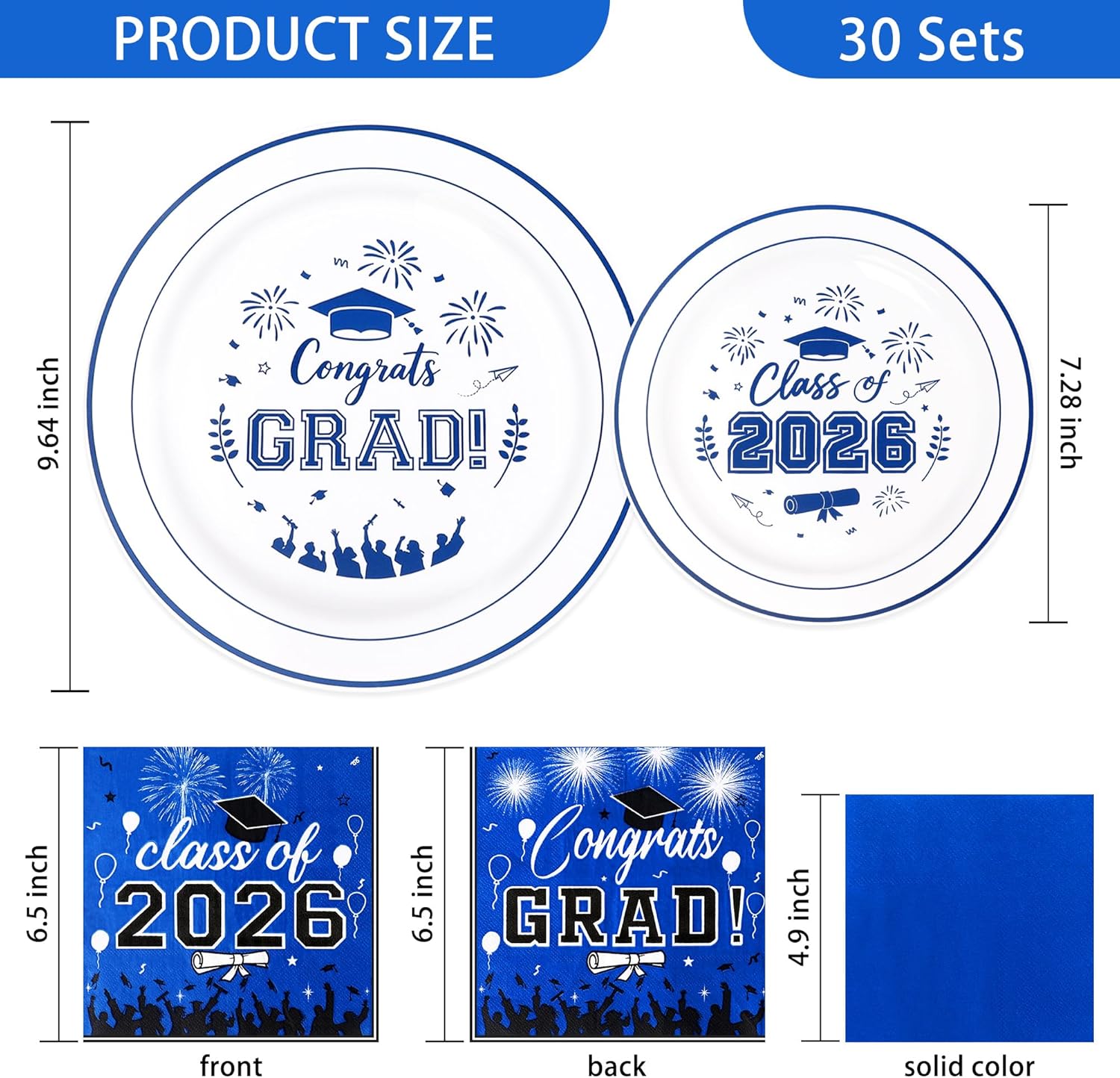120 Pcs Graduation Plastic Plates, 2026 White Blue Graduation Disposable Plates for 30 Guests,30 Dinner Plates 10 inch & 30 Dessert Plates 7 inch Cocktail Napkins for Party,Holiday