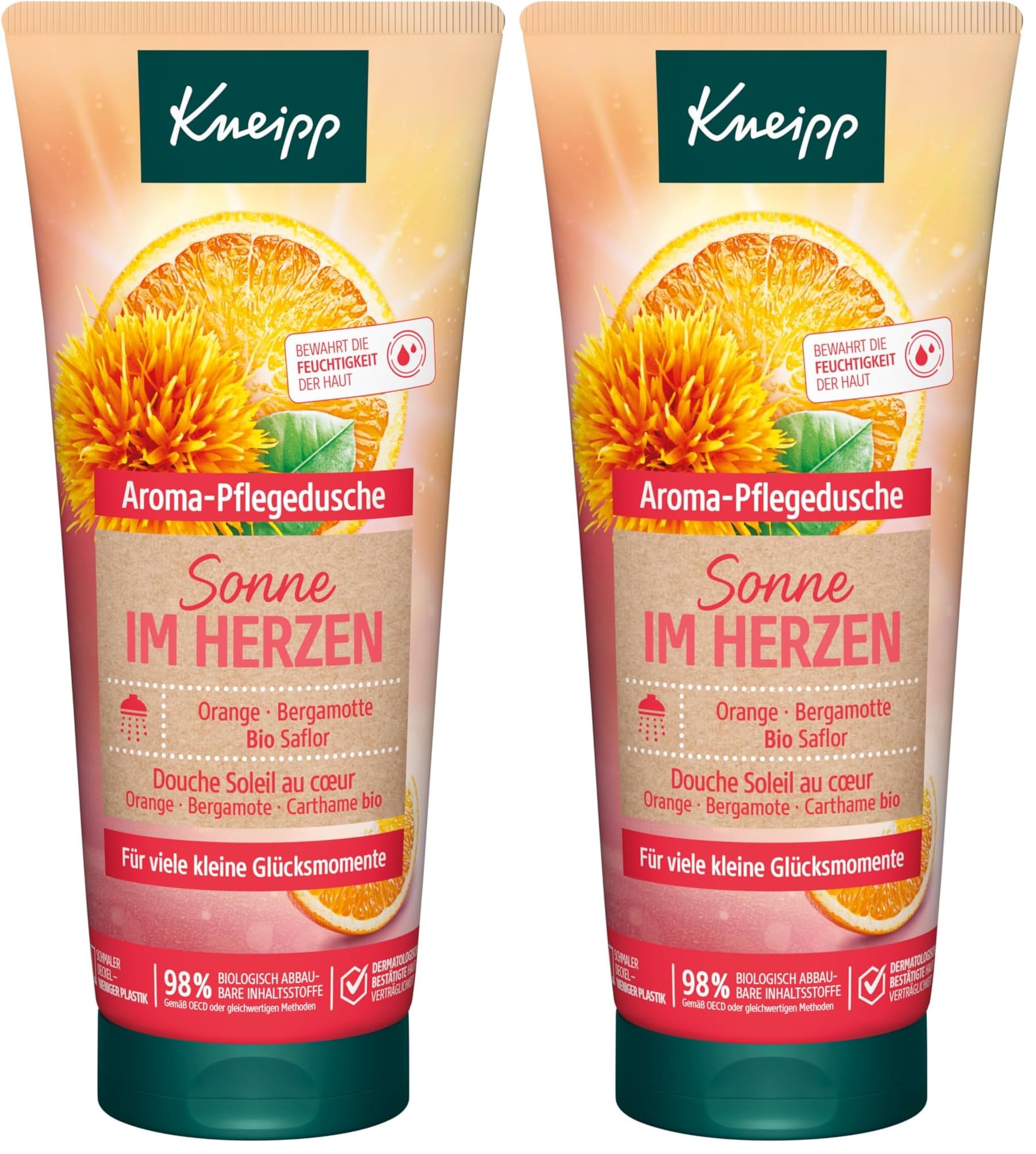 Kneipp Aroma-Pflegedusche Sonne im Herzen - Duschgel mit Orange, Bergamotte & Bio Saflor - Rezeptur ohne Mikroplastik - 200ml (Packung mit 2)
