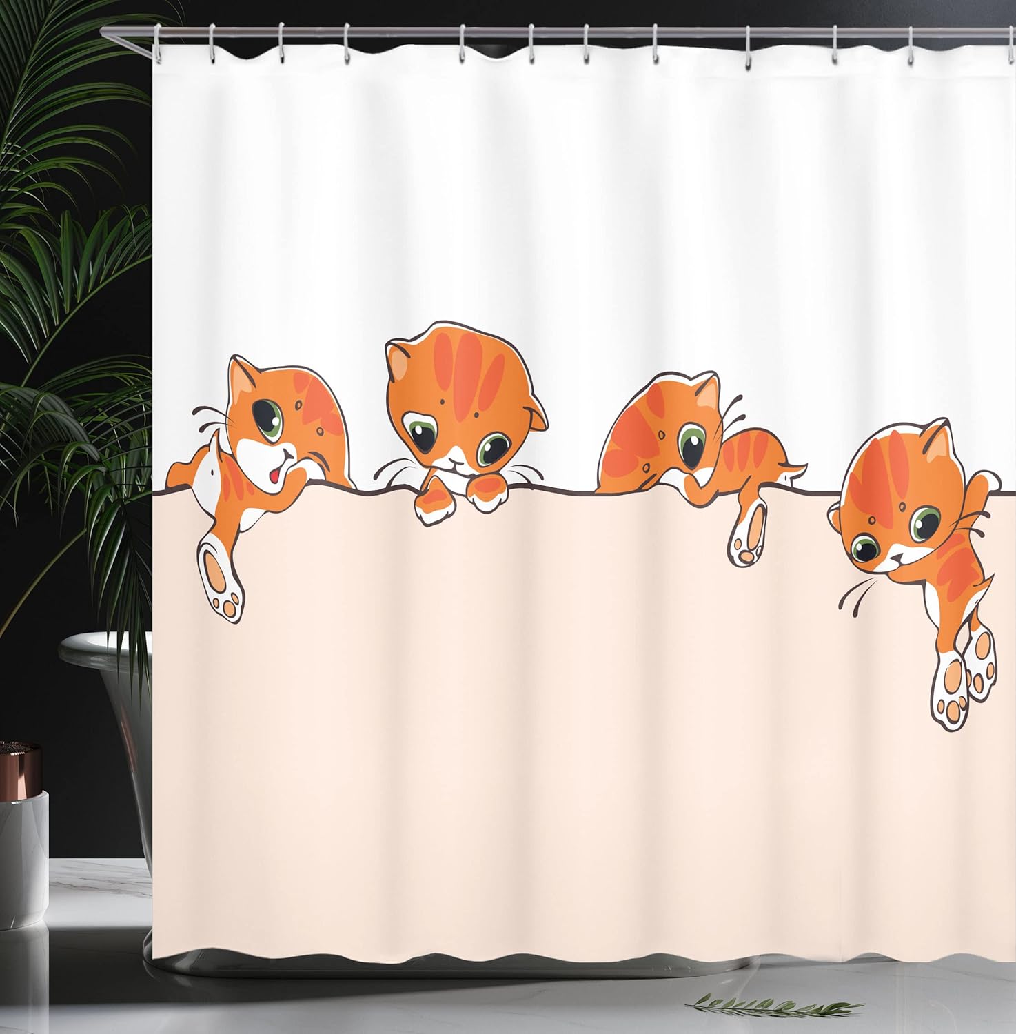 Ambesonne Cat Shower Curtain, Banner with Little Kitties Felines Over Jumping The Walls Free Design, Cloth Fabric Bathroom Decor Set with Hooks, 69" W x 70" L, Orange Cream White