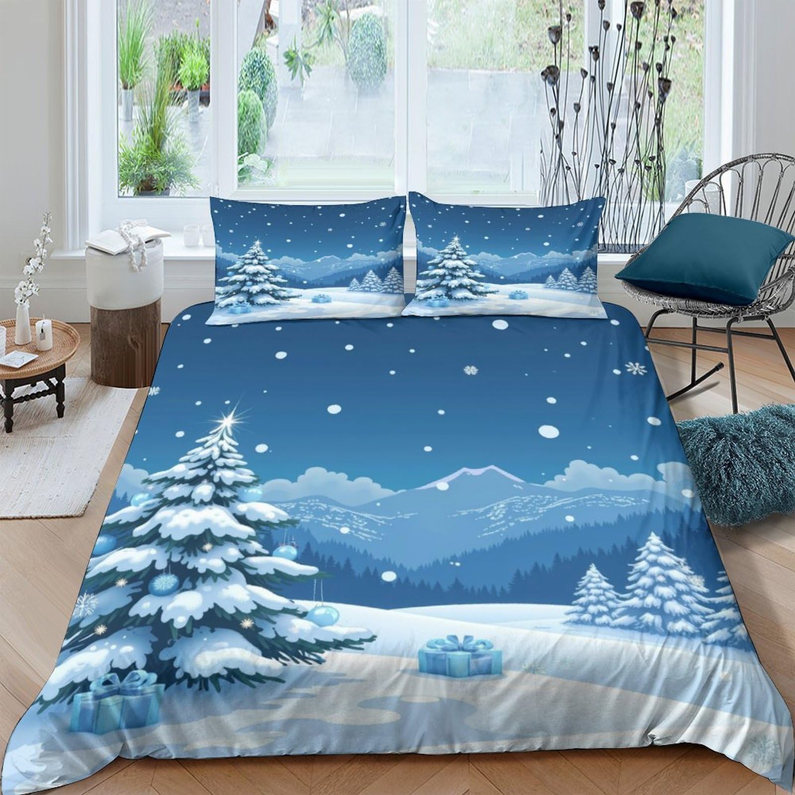 Ctjqhvkz Style-9 3D Printed Winter Snowy Landscape Fitted Sheet Microfiber Blue Bed Cover For Bedroom Guest Room Mattress Decor Single（135X200cm）