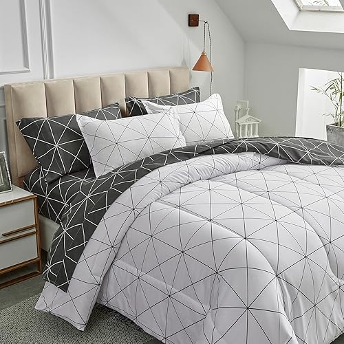 Miniatura 2 de Bed in a Bag - Juego de sábanas de 7 piezas tamaño King para todas las estaciones, tenedor a cuadros blancos, de microfibra suave (1 edredón, 2