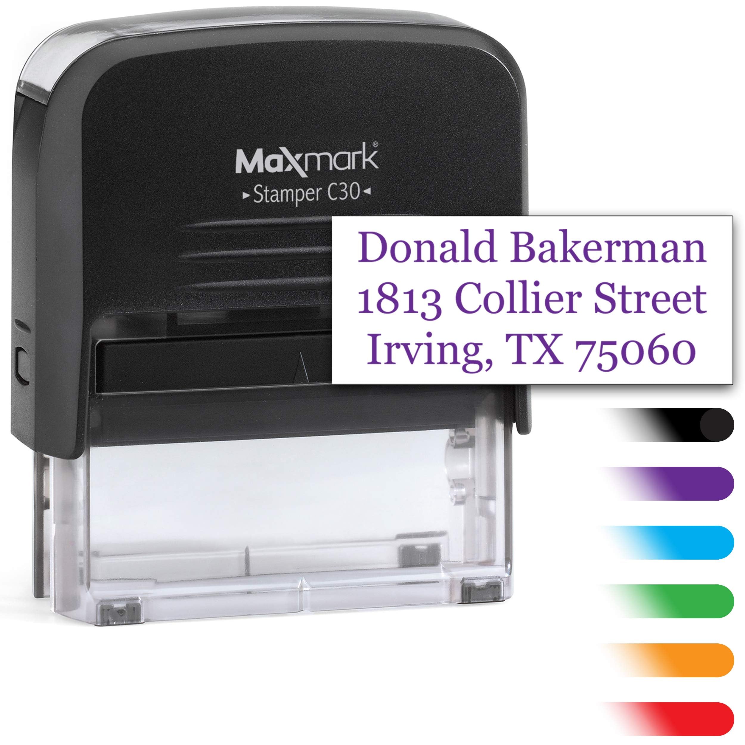 MaxMark Custom Three Line Self Inking Stamp - 3/4" x 1-7/8" - Customize Online, Many Font and15 Ink Color Choices