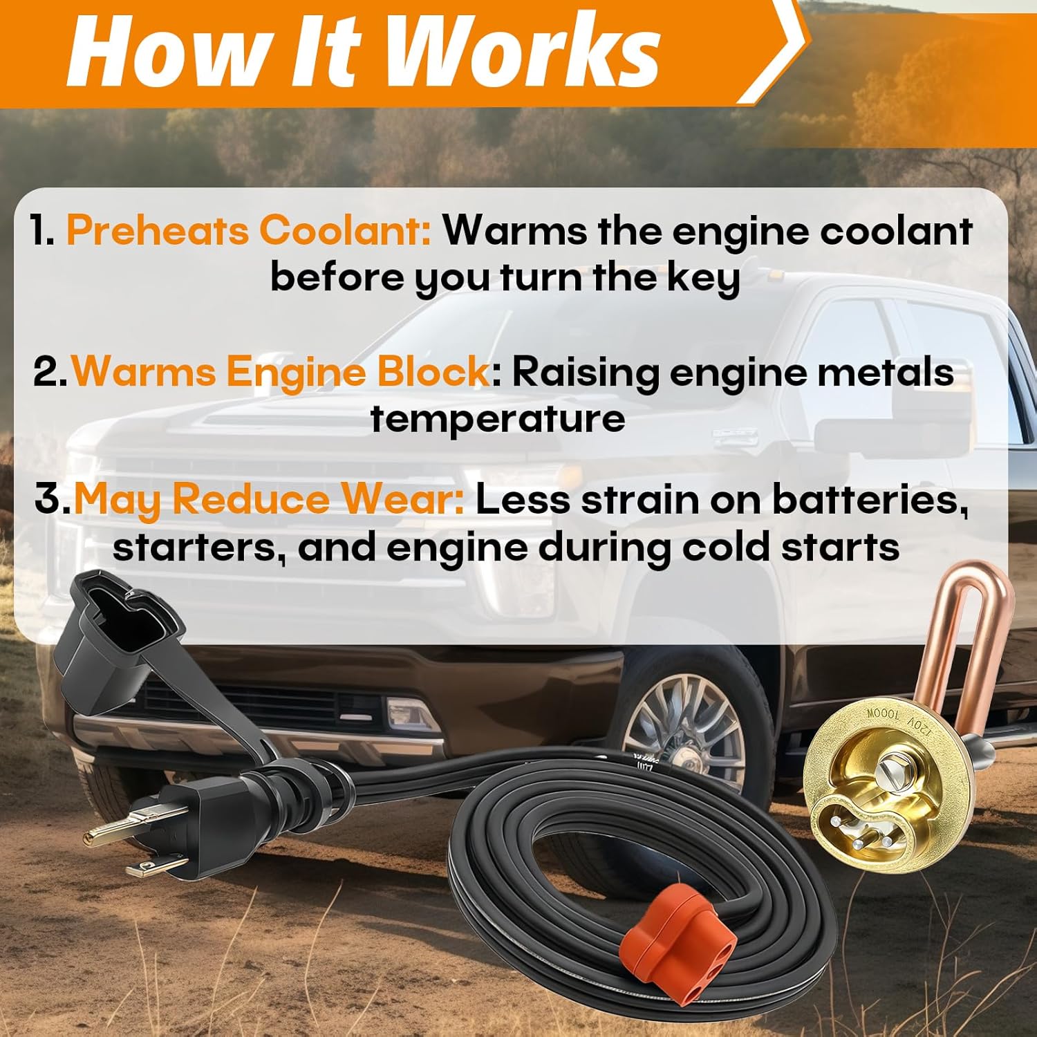 3100130 Engine Block Heater Compatible with Chevrolet and GMC 2001-2008 V8-6.6L, Fit for Diesel (Duramax) 2007-2015 V8-6.6L,40mm Diameter | CSA Approved | 120 Volts | 1000 Watts