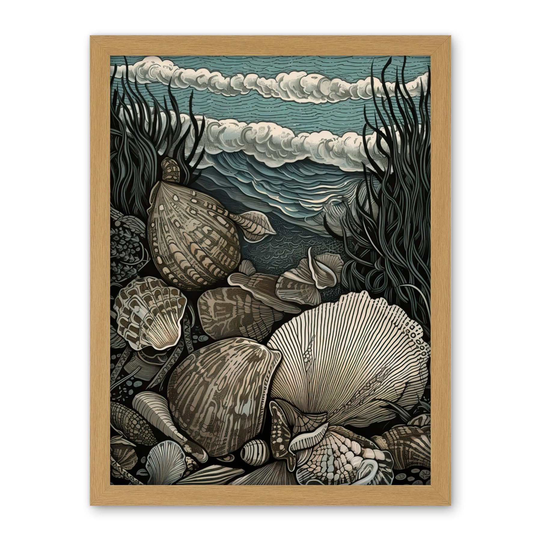 Artery8 Seashells by the Shore Modern Coastal Illustration Artwork Framed Wall Art Print 18X24 Inch