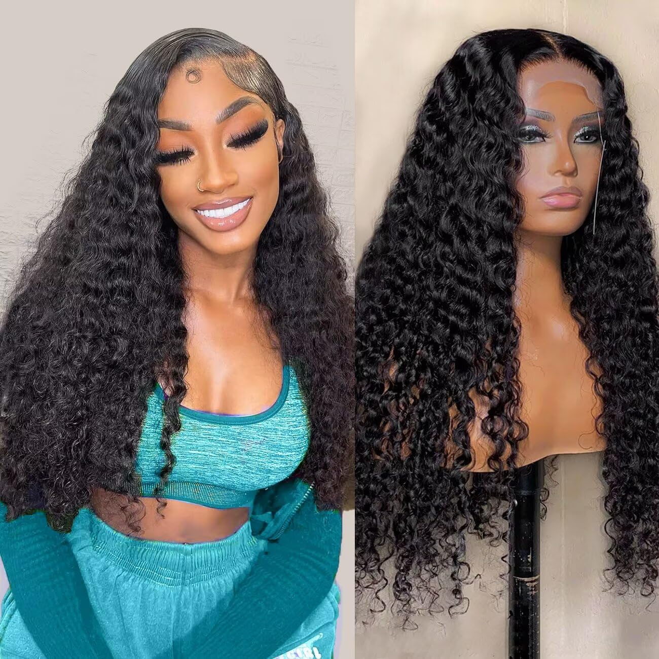 13x6 Deep Wave Lace Front Wigs Human Hair 200 Density HD Transparent Lace Front Wigs for Women 12A 1.95 Inch Deep Curly Wigs Human Hair Pre Plucked with Baby Hair Natural Black