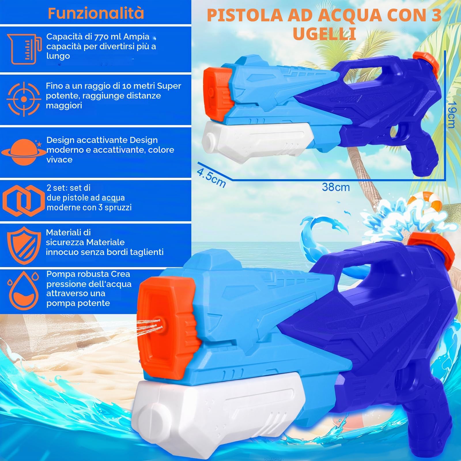 Pistola ad Acqua per Bambini Adulti, Confezione da 2 Potenti Pistole ad Acqua con 770 ml di Rrande Capacità e 33 Piedi a Lungo Raggio per Feste All'aperto Piscina Estiva sulla Spiaggia