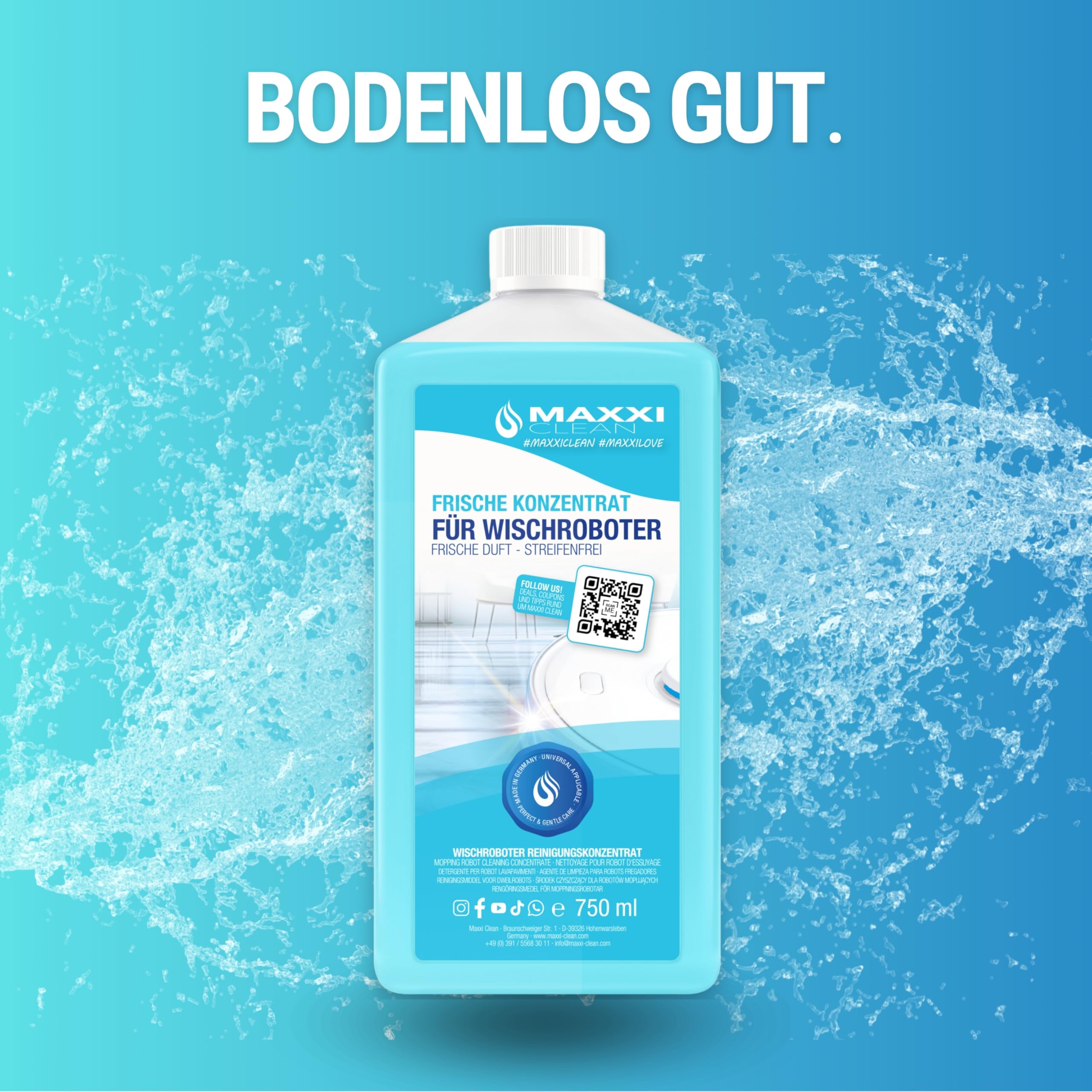 Maxxi Clean | 12x 750 ml Bodenreiniger mit Frische-Duft | geeignet für alle Wischroboter | Universal Reiniger Konzentrat | Wischflüssigkeit für Boden, Parkett, Fliesen | Saugwischer-Reinigungsmittel