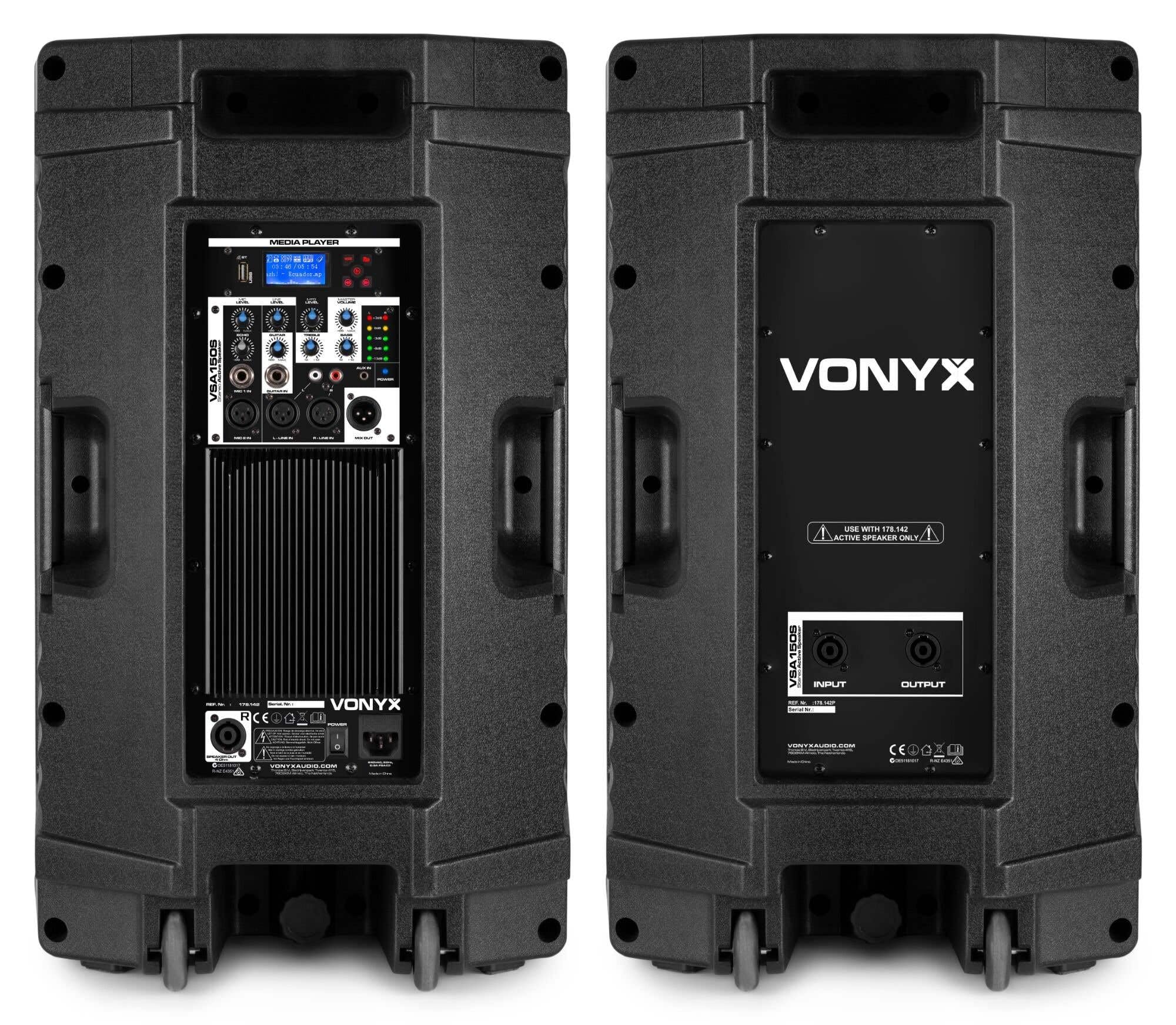VONYX VSA150S Pack Sono Complet - Ensemble d'Enceintes Actives 15", 1000W avec Supports Trépieds Réglables, Housses de Transport, Câble Audio RCA, Idéal pour DJ, Musiciens ou animateurs