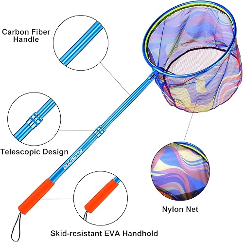 Miniatura 9 de PLUSINNO Red de pesca para niños, red telescópica ligera con mango de poste de aluminio y malla de nailon, red de mariposa de captura y liberación