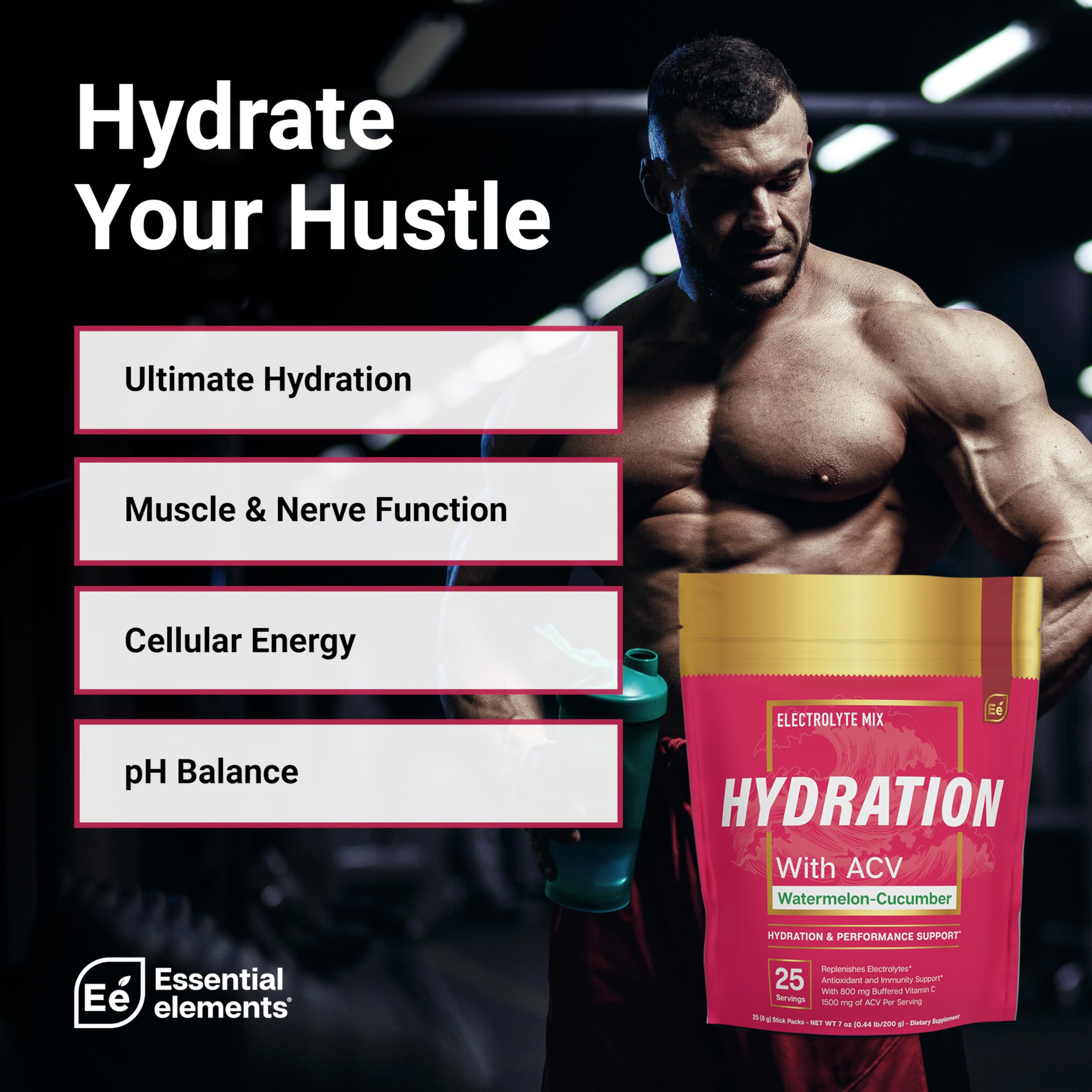 Essential Elements Hydration Packets - Watermelon Cucumber Pack - Sugar Free Electrolytes Powder Packets - 25 Stick Packs of Electrolytes Powder No Sugar - Hydration Drink - with ACV & Vitamin C