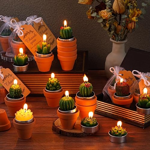 Miniatura 4 de Juego de 24 velas de cactus suculentos con mini soportes de arcilla de terracota, tarjetas de agradecimiento y bolsas de organza para regalos de