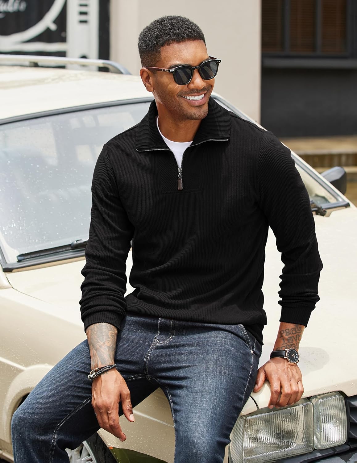 COOFANDY Men's Quarter Zip Up Pullover Mock Neck Long Sleeve Sweater Casual Corduroy Polo Sweatshirt - Image 3