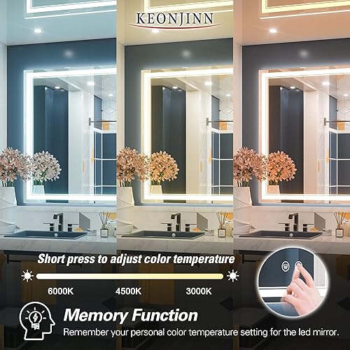 Miniatura 2 de Keonjinn Espejo de baño LED de 60 x 40 pulgadas con luces, 3 temperaturas de color, iluminación frontal, espejo de tocador montado en la pared,