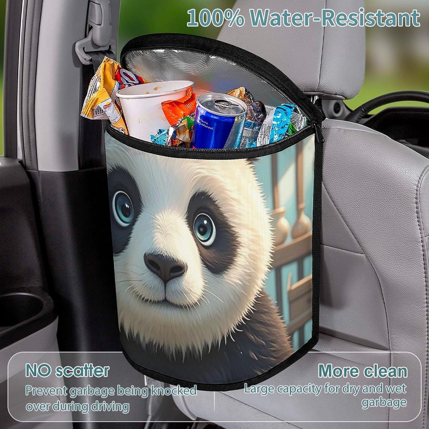 Hanging Car Trash Bag Protable Trash Can Anime Panda Face Waterproof Garbage Bin for Car