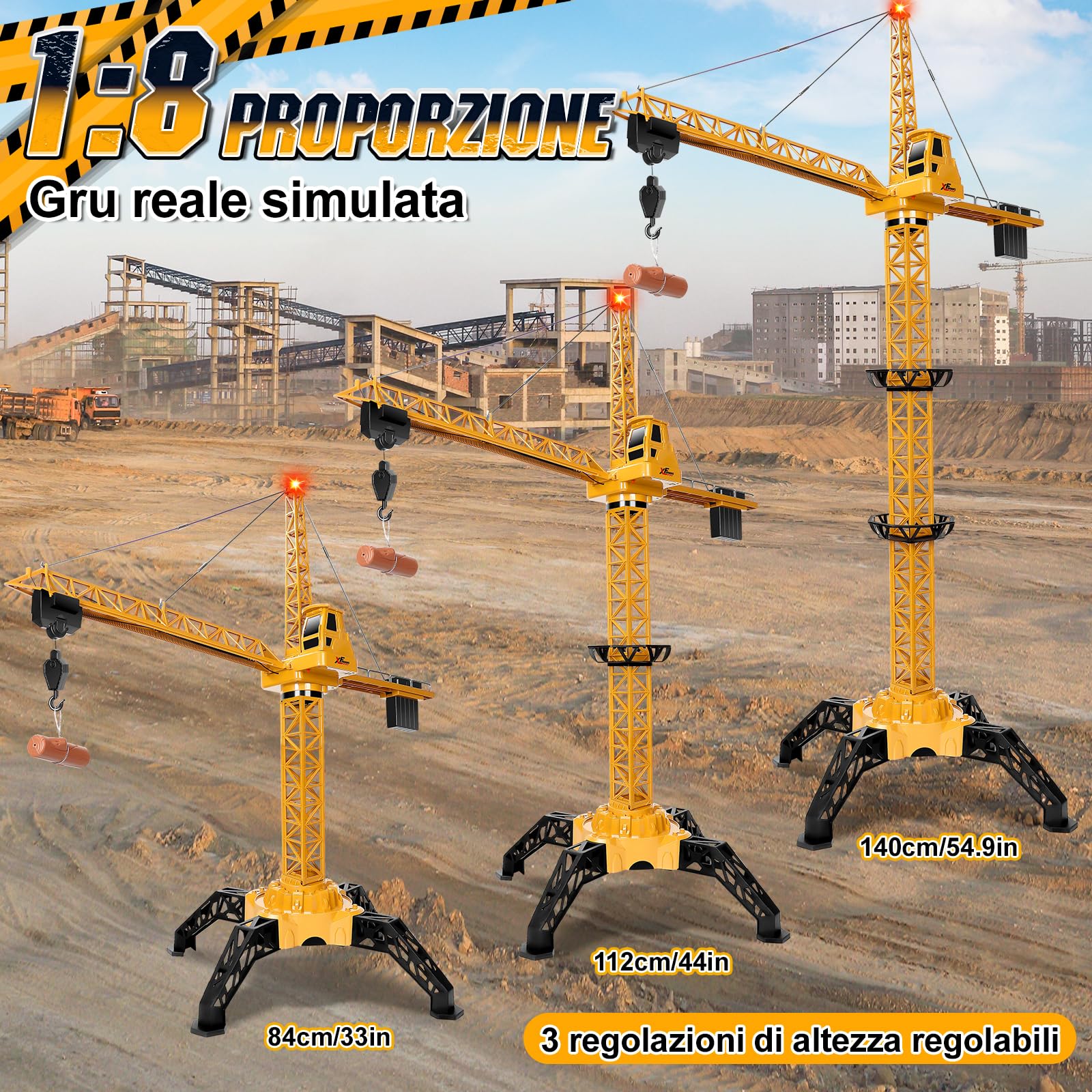 Herenear Gru Telecomandata Giocattolo per Bambini, Alta 140 cm RC Gru Giocattolo Rotazione a 360° Con Luci e Gancio Mobile, 2,4 Ghz Telecomandata Regalo per Ragazzi