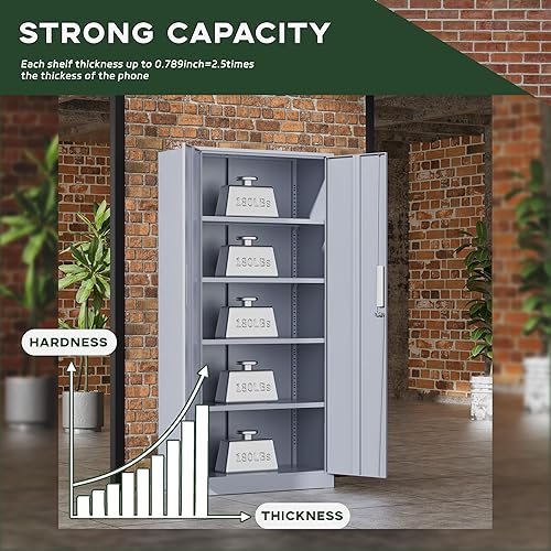 Miniatura 5 de Greenvelly Armario de almacenamiento de metal para garaje, gabinete de acero con cierre de 72 pulgadas de alto con 2 puertas y 4 estantes