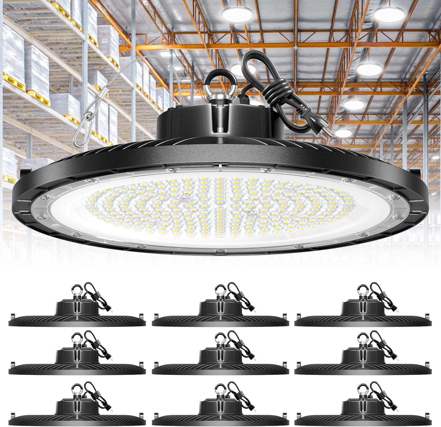 10-Pack UFO LED High Bay Light 250W 37500LM, High Bay Led Shop Lights with 5ft US Plug, IP65 Waterproof, 5000K Daylight, 150LM/W Efficiency, Non-Dimmable for Warehouse/Gym/Workshop