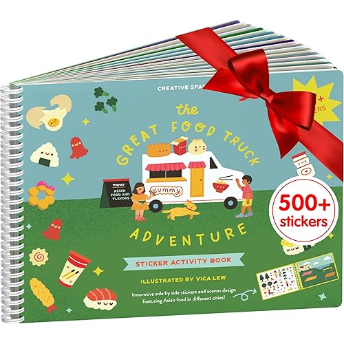 CUPKIN Sticker Book for Kids 2-4, 500+ Kids Stickers, Food Truck Adventure 12 Coloring Pages 12 Side by Side Scenes Fun Toddler Travel Activity Coloring and Sticker Books for Ages 4-8 + 8-10