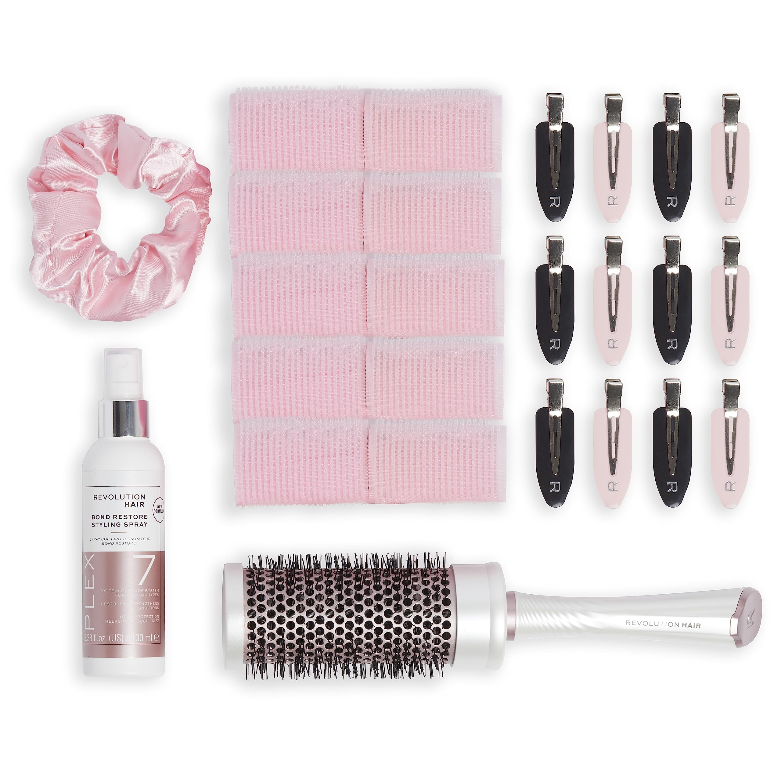 Makeup Revolution Haircare Plex Heat Protect Blowout - Set regalo per capelli, fermagli per capelli, spazzola elegante, rulli, spray per lo styling, elastico e borsa inclusi