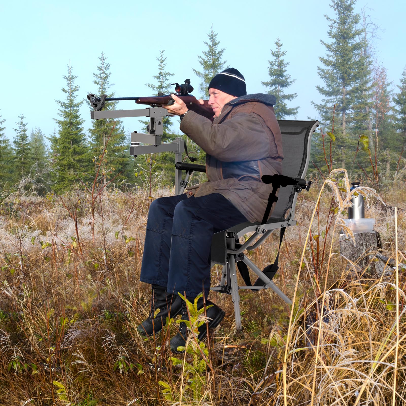 GOPLUS Silla de Caza Giratoria de 360°, Silla Portátil con Soporte de Rifle Ajustable, Reposabrazos y Altura Regulables, Sillas Ergonómica con Respaldo y Tela Transpirable para Caza, Pesca y Camping