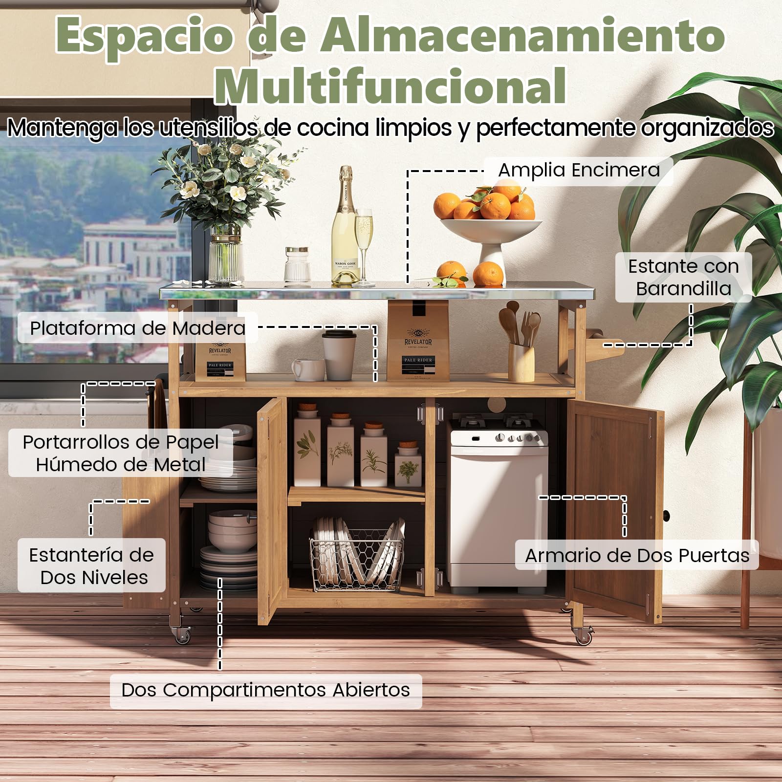 COSTWAY Carrito de Barbacoa de Madera Abeto, Isla de Cocina Exterior con Ruedas Bloqueables, Armario, Estante Abierto y Compartimentos, Mueble para BBQ para Picnic, Fiesta, 130 x 47 x 92 cm