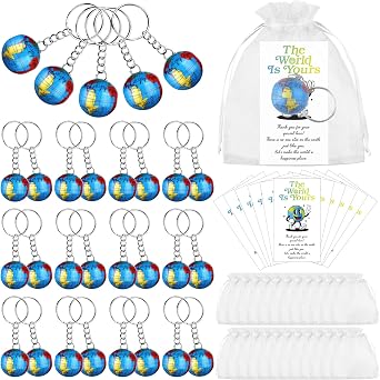 48 Pack Globe Keychains 1" Planet Earth Keyrings Bulk Mini Backpack Hook Earth Day Gifts Decor with Cards Organza Bags,Hanging Globe Pendant for Educational Tool Back to School Supplies