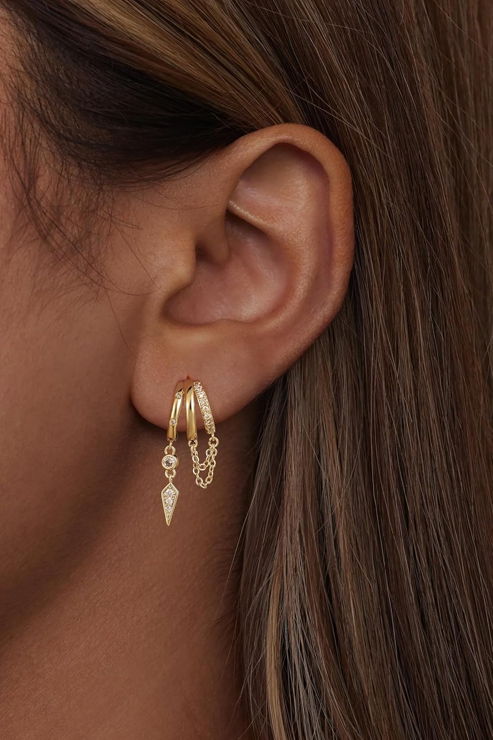 Freekiss 3 Hoop Illusion Huggie Earrings for Women, Hypoallergenic Dangle Drop Earrings Minimalist Stud Earrings with Cubic Zirconia, Gold Silver Choice - Image 2