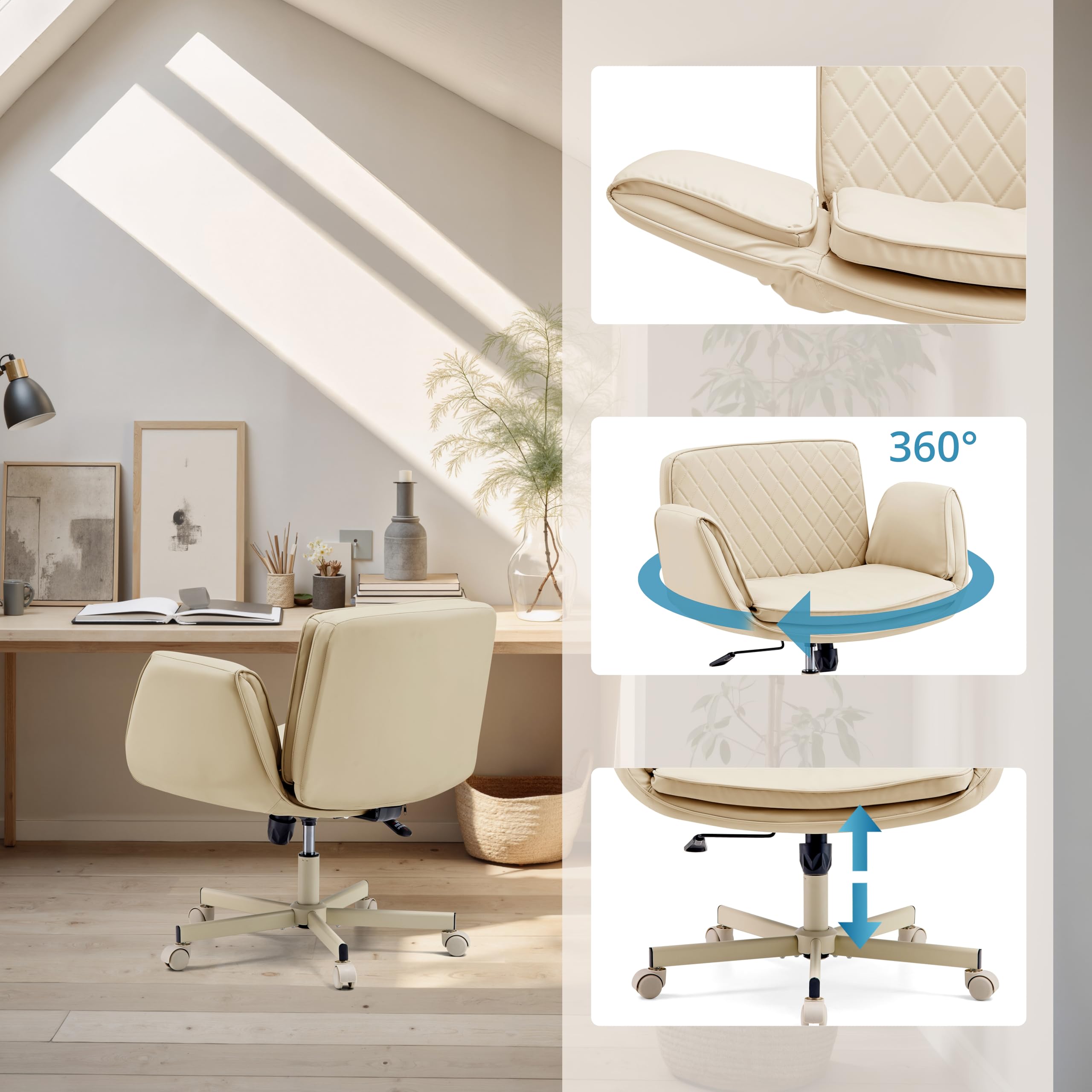 Home Office Criss-Cross 10 krzesło biurowe, wygodne krzesło krawieckie, bardzo szerokie siedzisko, składane podłokietniki, ergonomiczne i z regulacją wysokości, beżowe