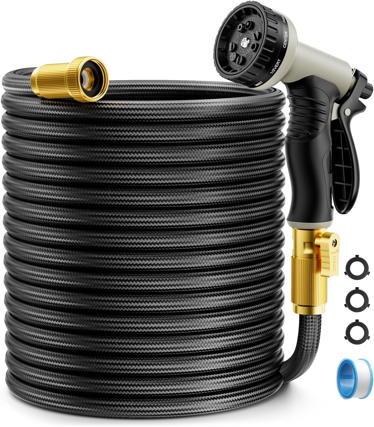 Garden Hose Non-Expandable 75ft, Outdoor and Garden Flexible Water Hose with 10 Function Nozzles, Portable, Kink-Free, Rust Proof, Lightweight Hose for Yard, Car Wash, Lawn, Camper, Easy to Store
