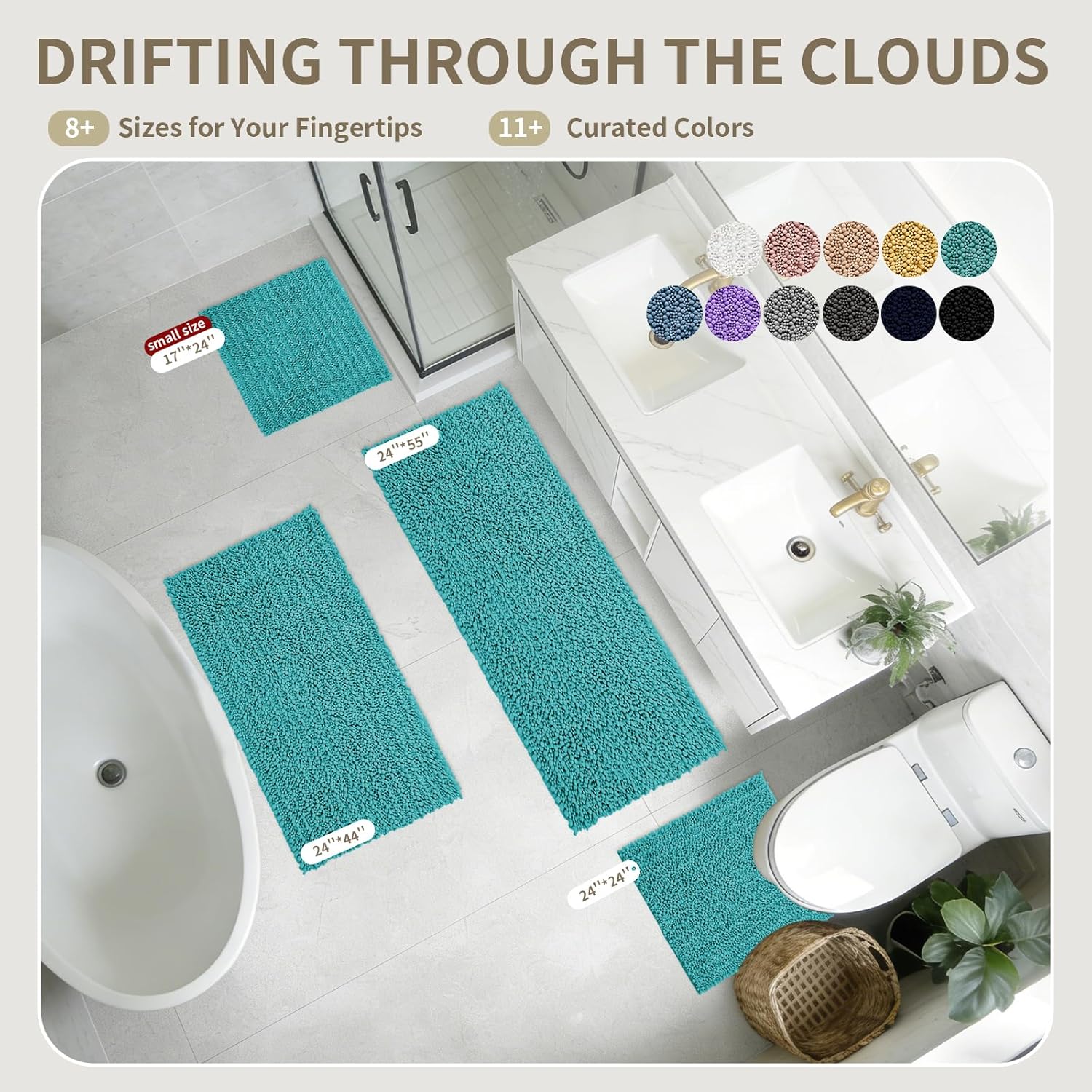 Bathroom Rugs Non Slip Washable 70x24, Extra Thick Soft Chenille Absorbent Bath Mat, High Density Barrier Non Slip Backing, Quick Dry Plush Shaggy Floor Carpet for Tub&Shower, TealBlue