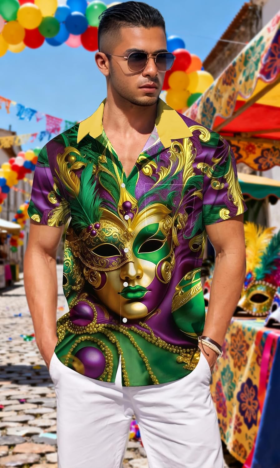 Mardi Gras Shirts for Men New Orleans Mardi Button Down Shirt Carnival Themed Short Sleeve Holiday Blouse Tee - Image 4