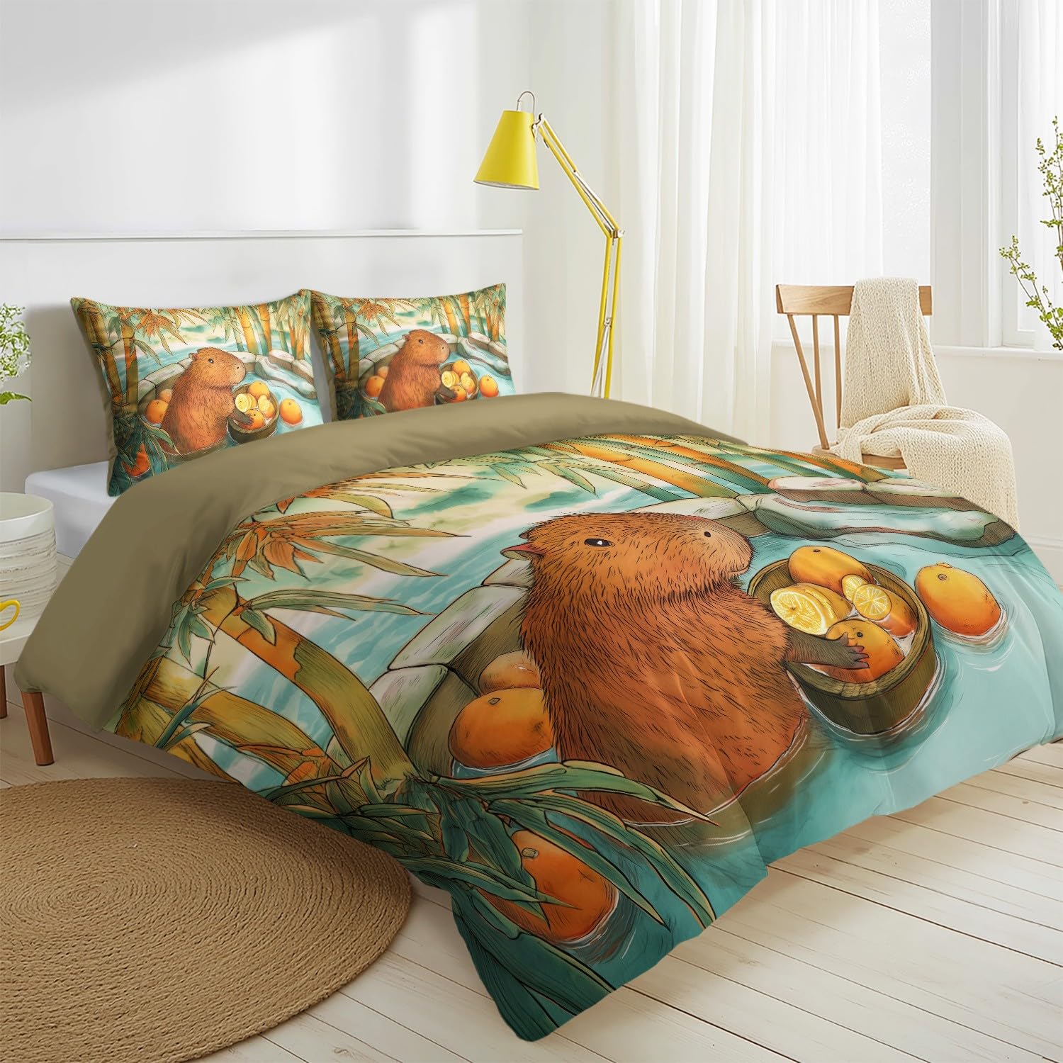 Generisch 3-częściowy komplet pościeli 220 x 240 cm, zwierzęta, śliczne pomarańczowe rośliny Capybara dla dzieci, zielona, kreskówka, miękka poszewka z mikrofibry z zamkiem błyskawicznym, przyjazna