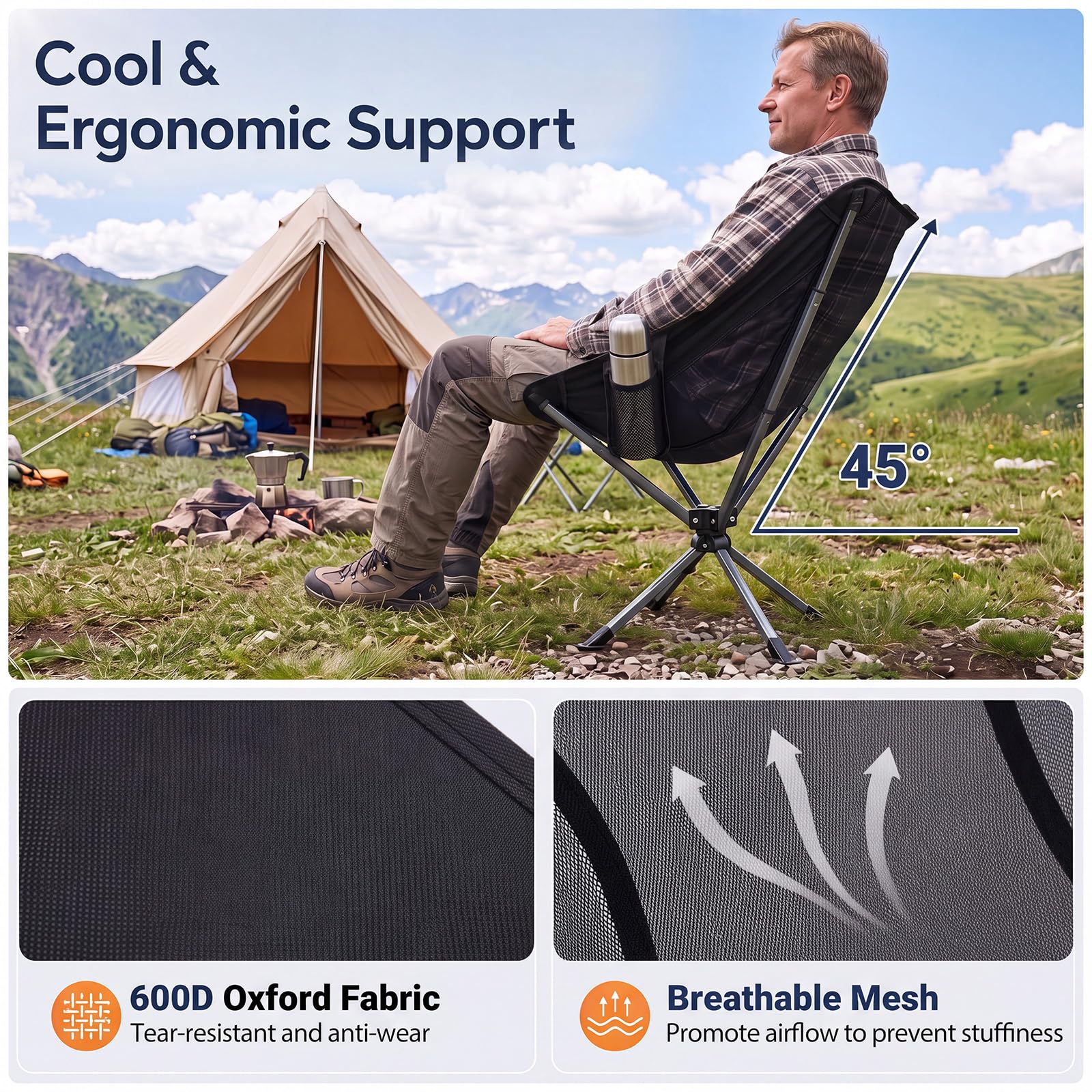 COSTWAY Campingstuhl Faltbar Ultraleicht Kleines Packmaß 360° Drehbar | Klappstuhl mit Getränkehalter & Seitentasche, Angelstuhl 150KG Belastbar, Faltstuhl für Picknick, Outdoor, Wandern
