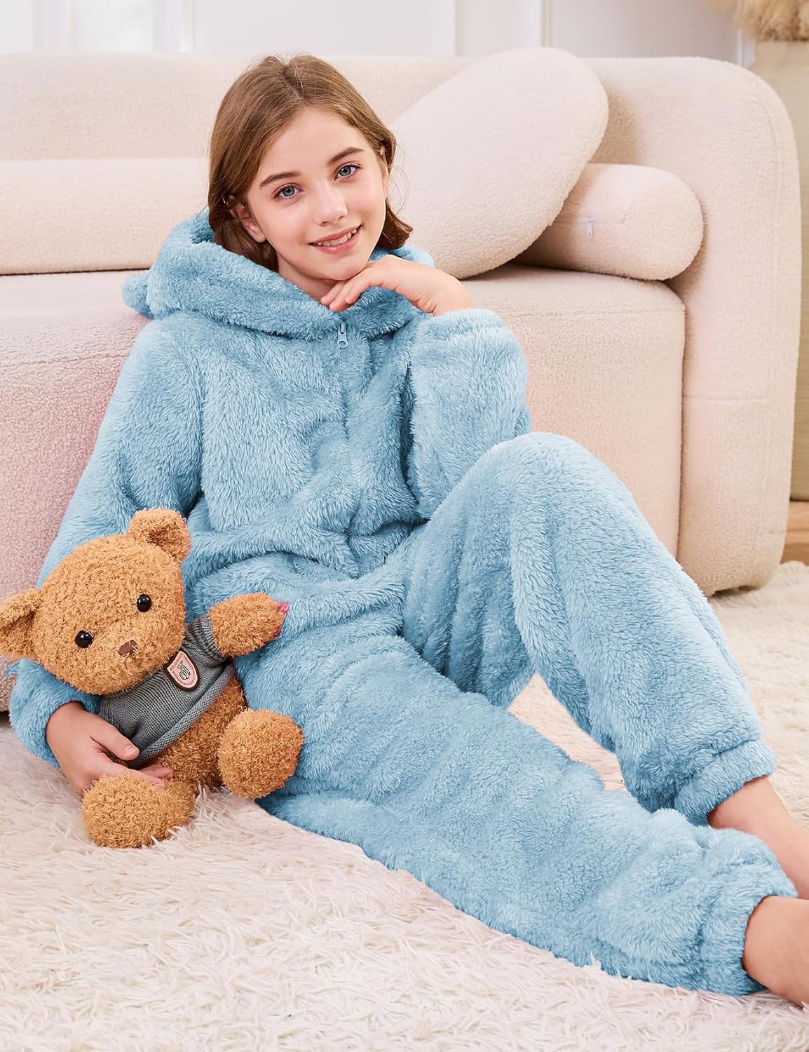 Flygo Girls Fleece Jumpsuits Fuzzy Hooded Rompers Kids Zip up Onesie Romper Costume Warm Winter Clothes 5-14 Years - Image 4
