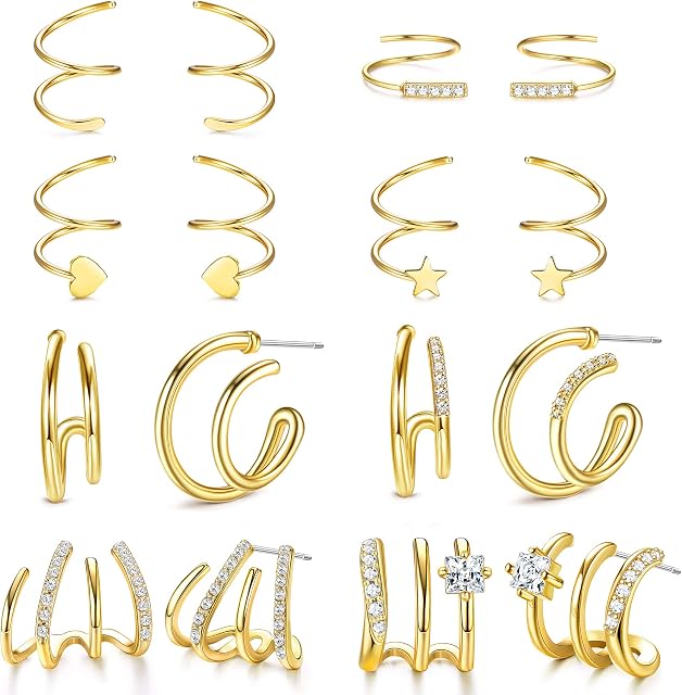 Kakonia 8Pairs Double Hoop Earrings Claw Earrings Cuff for Women Teen Girls Spiral Twisted Hoop Earrings Huggie Climber Wrap Cuff Piercing Studs Cartilage Ear Piercing