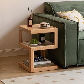 YESWOOD Beistelltisch aus Massivholz, dreistufiges Design mit Glas, fertig montiert, Sofatisch für Wohnzimmer & Schlafzimmer, 40×40×55 cm, Eiche