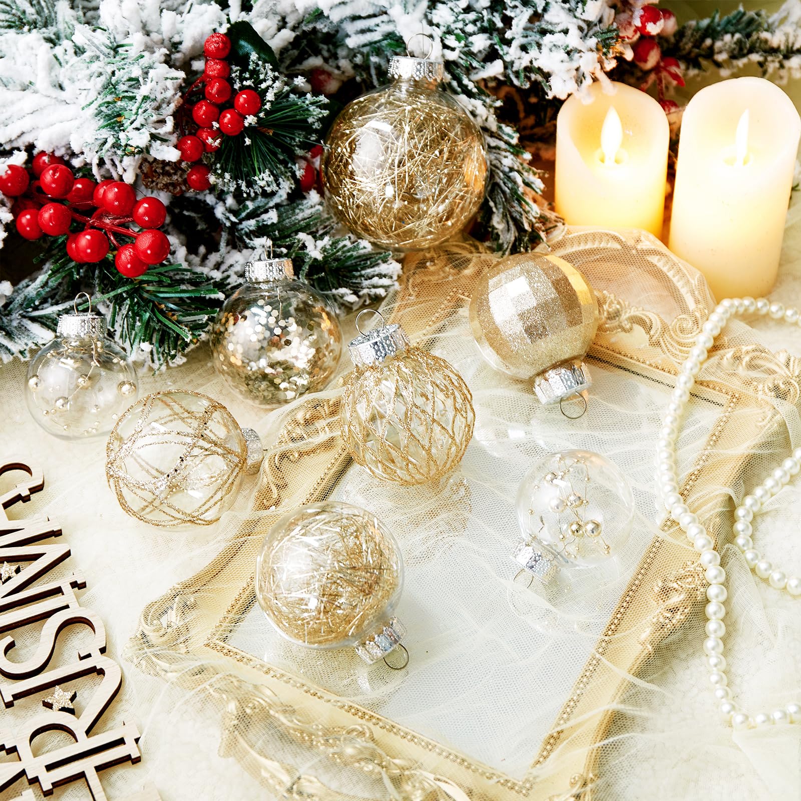 Juego de 30 Bolas de Navidad de plástico Transparente inastillables de 2.36 Pulgadas con Relleno Delicado Brillante, Decoraciones Colgantes para árbol de Navidad (Oro champán)