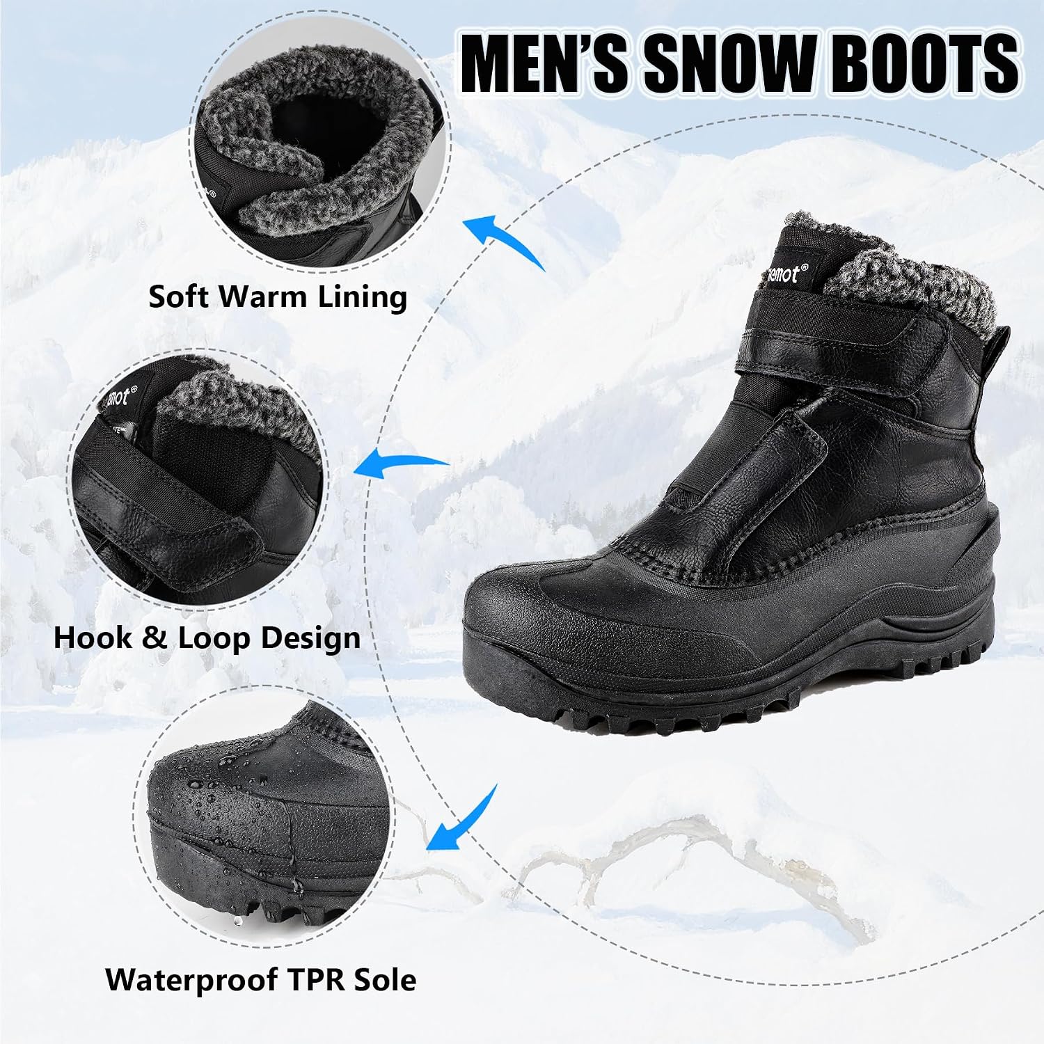 riemot Men’s Winter Boots Waterproof Insulated Snow Shoes, Lightweight Thermal Furry Boot for Outdoor Skiing Hiking Walking, No Lace Ankle Boots for Men