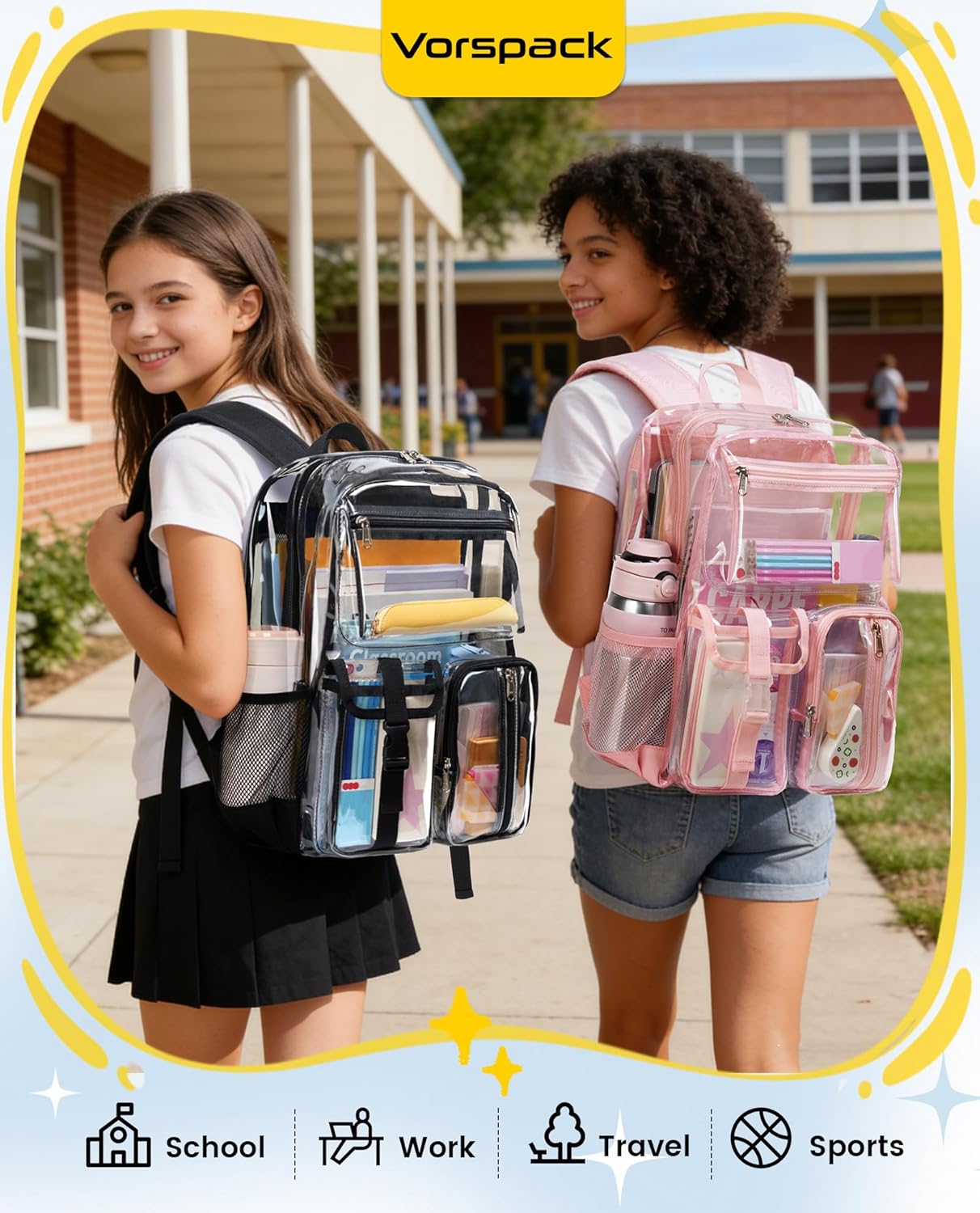 Vorspack Heavy Duty Clear Backpack - Multi-pockets Clear Bookbag for Girls, Boys, Transparent See Through Backpack for School, College, Work, Festival - Black