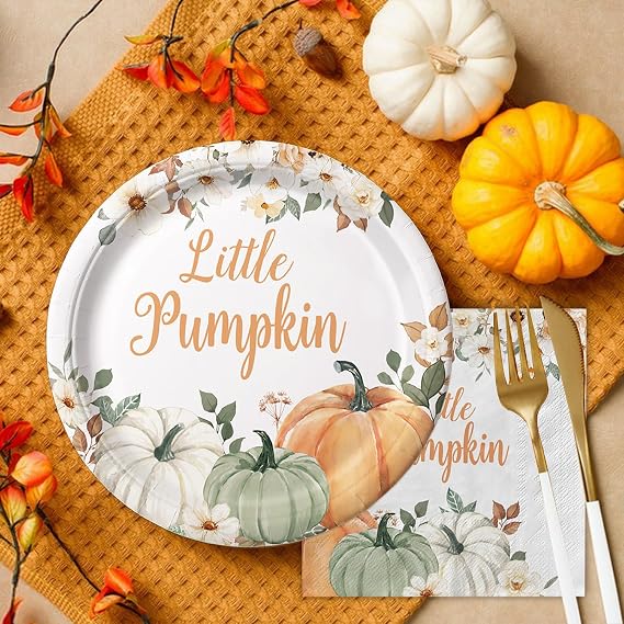 120 Pcs Little Pumpkin Baby Shower Party Decoration Autumn Pumpkin & Floral Tableware Set with Plates, Napkins, Cups, Cutlery for Thanksgiving & Fall Baby Shower Decorations, Serves 20