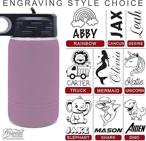 Miniatura 6 de My Personal Memories, Botella de agua personalizada de 12 onzas para niños con pajilla, vaso aislado de doble pared para niños, niñas, escuela y